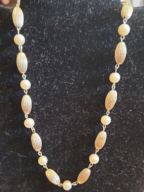 Gold-Tone Bead and Cream Pearl Station Necklace